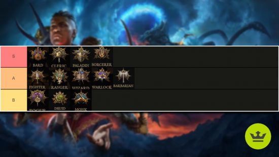 Baldur's Gate 3 best class: A tier list of the best classes in BG3 ranked from S to B, against a blurred background of the key art for the game.