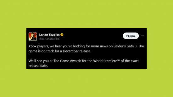 Baldur's Gate 3 Xbox release date: an image of the tweet confirming The Game Awards reveal