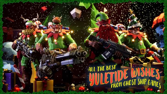 Best Christmas video games: Deep Rock Galactic's dwarves handling big weapons while in festive outfits