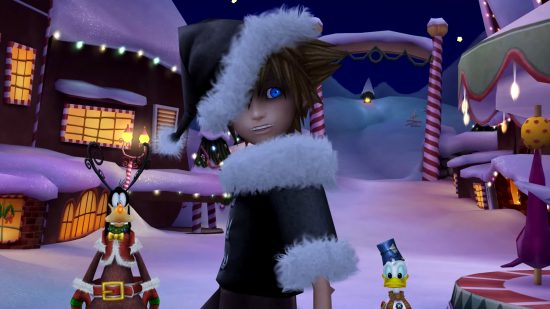 Best Christmas video games: Sora, Goofy, and Donald in Kingdom Hearts 2 wearing fest garments in Christmas Town