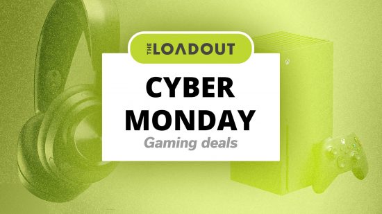Cyber Monday gaming deals written on a white tile in front of various gaming products.