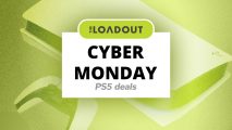 Cyber Monday PS5 deals written on a white card over a background with a PS5 console on it.