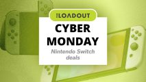 Cyber Monday Nintendo Switch deals written on a white card underneath The Loadout logo and in front of a picture of Nintendo Switch hardware.
