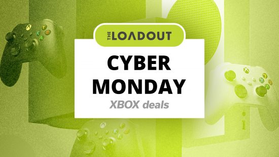 Best Cyber Monday deals written in a white box, underneath the Loadout logo, with a background that shows multiple Xboxes.