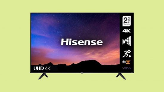 Best gaming TV: The Hisense A6G 4K gaming TV against a light green background.