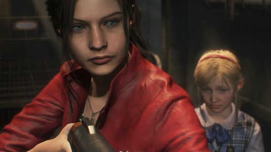 Best horror games: Resident Evil 2's Claire Redfiend wearing a red jacket and holding a gun