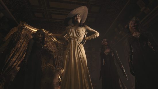 Best horror games: Resident Evil Village's Lady Dimitrescu and her daughters in long flowing dresses