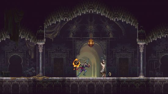 Best Metroidvania games: a man with a burning whip attacks a creature in Blasphemous 2