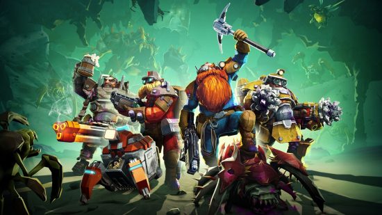 Best multiplayer games: Dwarves standing with their equipment in Deep Rock Galactic key art