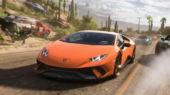 Best multiplayer games: Luxury cars racing towards the camera in Forza Horizon 5