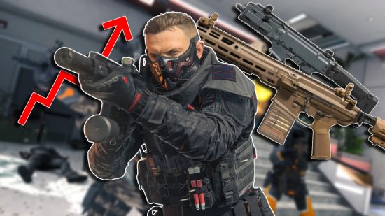 Best MW3 guns: A soldier wearing black armor and a face mask aiming a weapon, with two weapons in the top right corner and a red line graph icon on the left of the image.