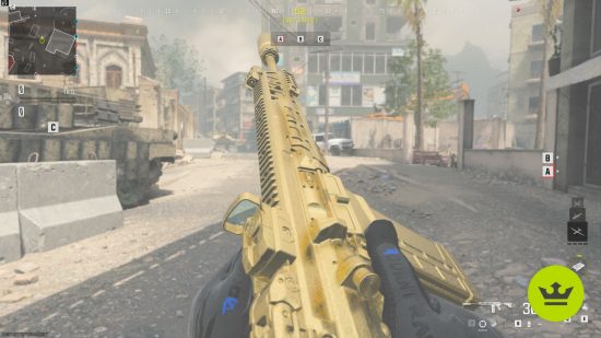 Best MW3 loadouts: A player holding and inspecting the BAS-B battle rifle, painted gold.