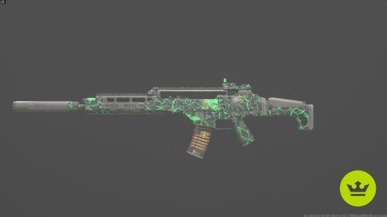 Best MW3 loadouts: The Holger 556 assault rifle, painted green and black, in the weapon preview screen.