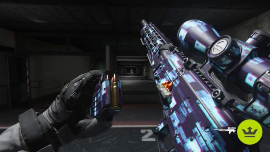 Best MW3 loadouts: A player reloading the Longbow sniper, painted in a blue digital camo.