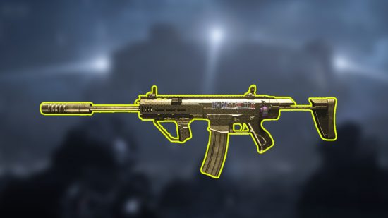 Best MW3 MCW loadout: MCW in Gilded camo with a yellow outline in front of the Operator 627 image from MW3