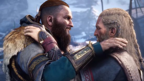Best open world games: two Viking brothers embracing in Assassin's Creed Valhalla