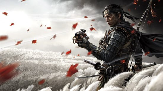 Best PS4 games: Jin Sakai holding his mask in a field in Ghost of Tsushima key art