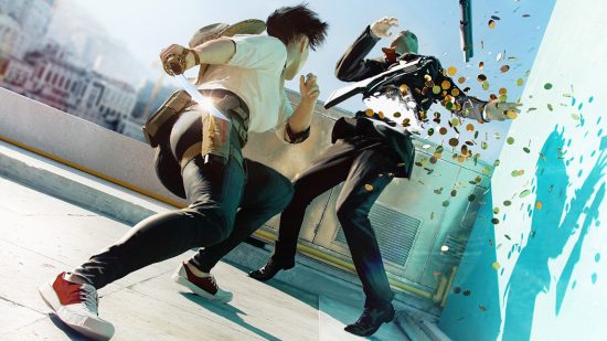 Best PS5 FPS games: a Light character stabbing someone in a suit, causing money to fly out in The Finals