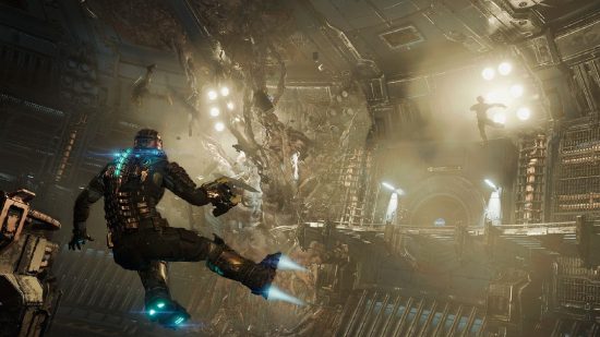 Best PS5 games: Issac Clarke floating in anti-gravity section in Dead Space remake