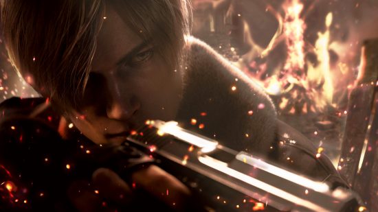 Best PS5 horror games: a man enshrouded in flames holding a gun