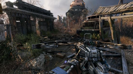 Best PS5 open world games: A player holding a crossbow walking through ruined buildings in Metro Exodus.