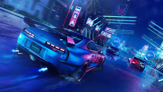 Best PS5 racing games: Cars racing at night through a neon-lit street