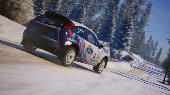 Best racing games: A white rally car speeding down a snow-covered track