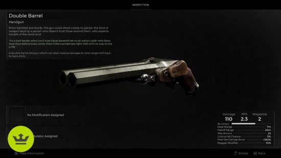 Best Remnant 2 weapons: The Double Barrel shotgun in the inventory preview page.