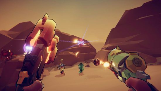 Best roguelike games: First-person POV of a character firing guns at enemies in Gunfire Reborn