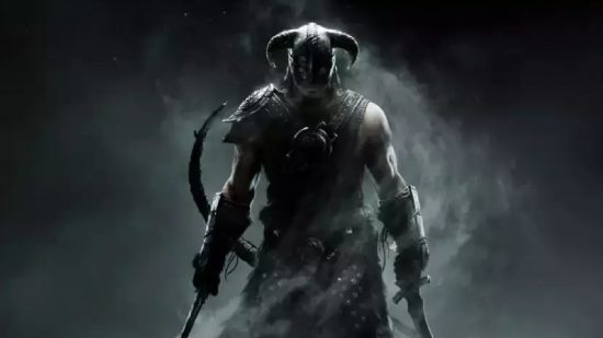 Best RPG games: Dragonborn standing in front of a grey background in Skyrim key art