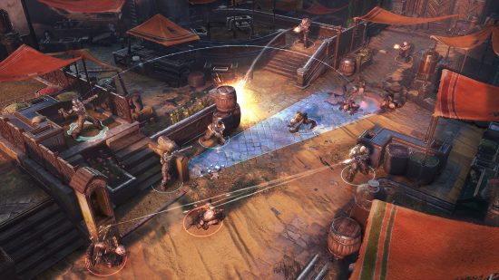 Best strategy games: A group of soldiers behind cover aiming at approaching Locust aliens in Gears Tactics.