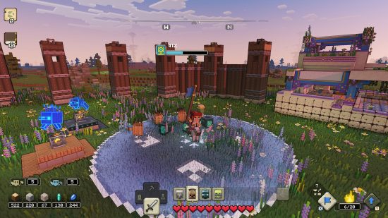 Best strategy games: A group of mobs gathered around a player on horseback in a village in Minecraft Legends.