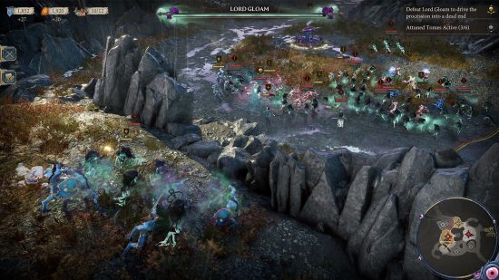 Best strategy games: Two armies meeting on a battlefield in Warhammer Age of Sigmar Realms of Ruin, separated by a ravine.