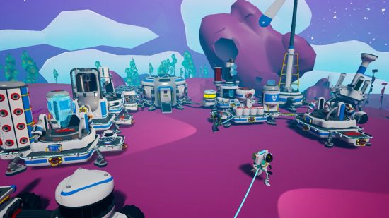 Best survival games: Player leaving their base on a purple planet in Astroneer