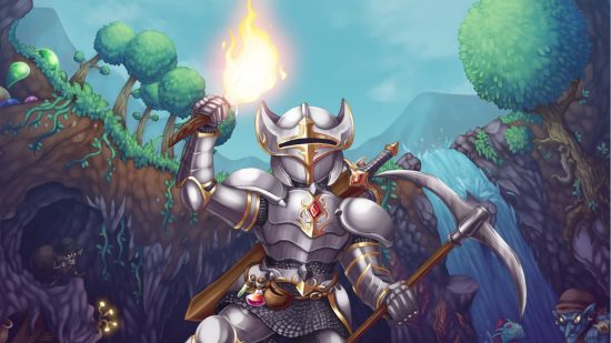 Best survival games: Player in knight armor holding a pickaxe and torch in Terarria key art