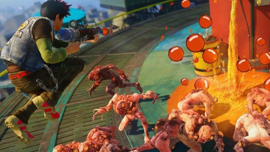 Best Xbox One games: Character jumping over a horde of OD in Sunset Overdrive