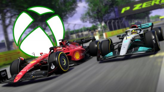 Best Xbox racing games: Two F1 cars, one red and one silver, race alongside each other on a track. A white and green Xbox logo floats behind them