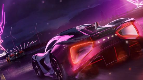 Best Xbox racing games: Purple Lotus car driving in a purple lightning storm in The Crew Motorfest