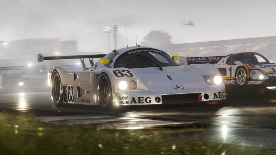 Best Xbox sports games: a sleek silver car with its headlights on in Forza Motorsport