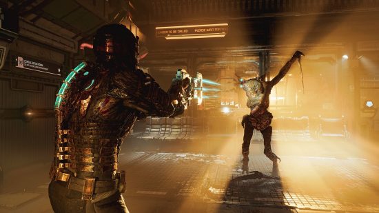 Best zombie games: Isaac Clarke aiming at a Necromorph in Dead Space remake
