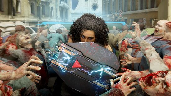 Best zombie games: Character holding an electrified shield in the middle of a swarm of zombies in World War Z Aftermath artwork