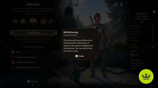 Best BG3 class: The multiclassing tool-tip prompt in the center of a dark screen.