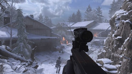 Call of Duty MW3 review: Soldier holding a gun in first-person POV in a mission set in a snowy location in Call of Duty MW3 campaign