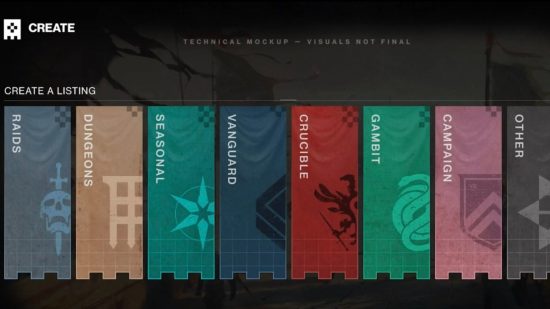 Destiny 2 Season 23 release date: An image of a work-in-progress design for the Fireteam Finder LFG system, with several cards for different modes.
