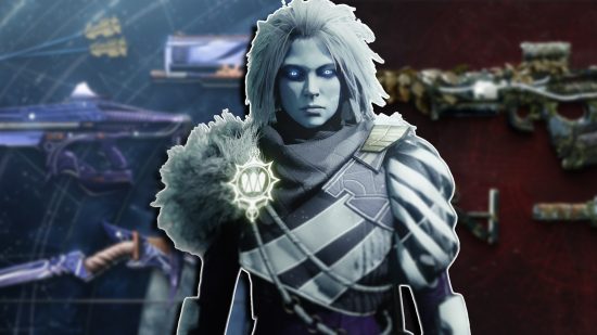 Destiny 2 Season of the Wish weapons: Mara Sov standing looking directly towards the camera, with the blurred background split in half, showing the two types of Season 23 weapons.