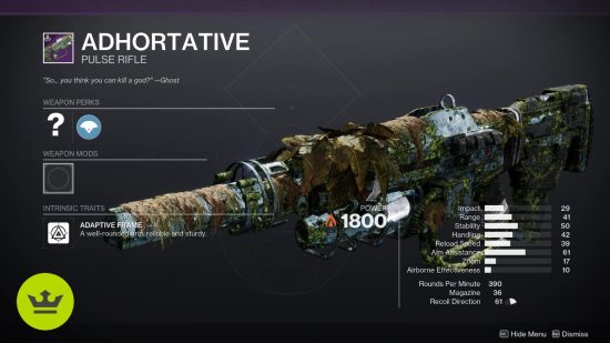 Destiny 2 Season of the Wish weapons: The Adhortative pulse rifle displayed in the weapon preview menu.