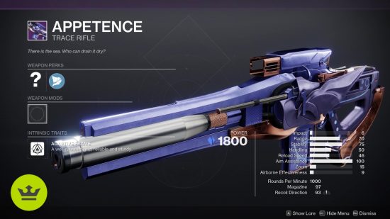 Destiny 2 Season of the Wish weapons: The Appetence trace rifle in the weapon preview menu.