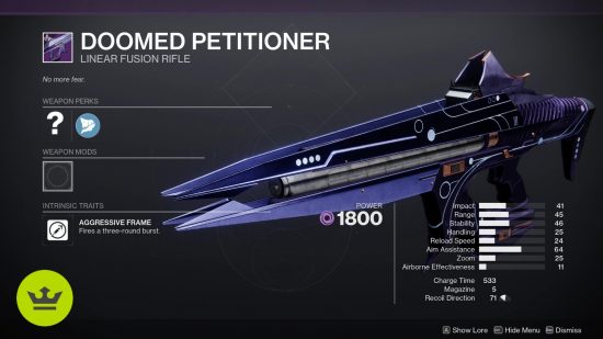 Destiny 2 Season of the Wish weapons: The Doomed Petitioner linear fusion rifle in the preview screen.