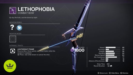 Destiny 2 Season of the Wish weapons: The Lethophobia bow in the weapon preview page.