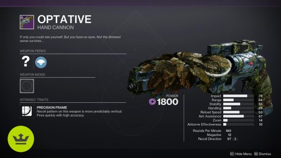 Destiny 2 Season of the Wish weapons: The Optative hand cannon shown in the weapon preview page.